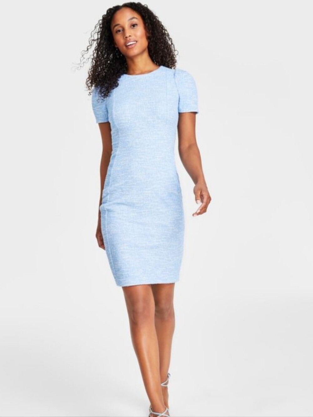 NWT Calvin Klein Women's Tweed Sheath Mini Dress Serene Blue Short Sleeve Siz